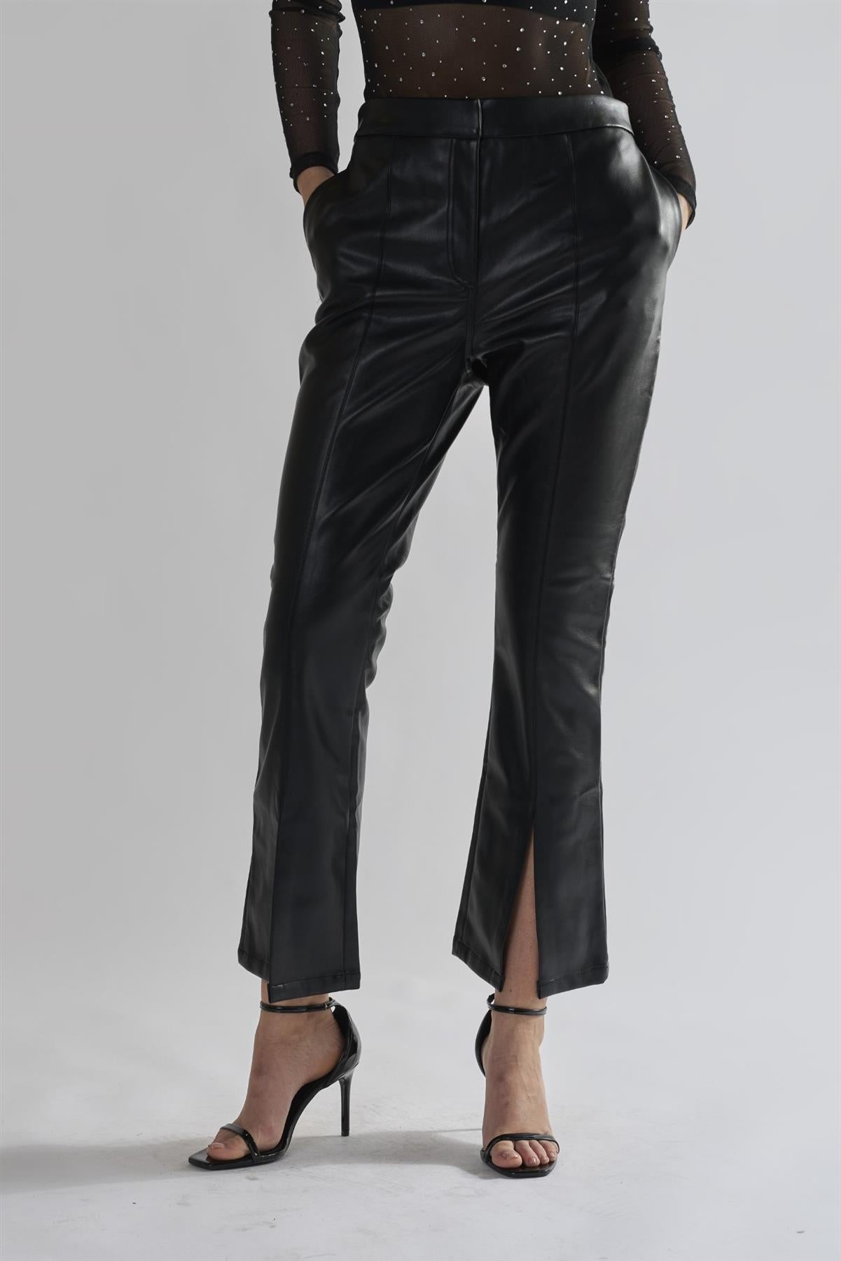 Black PU Flared Trousers