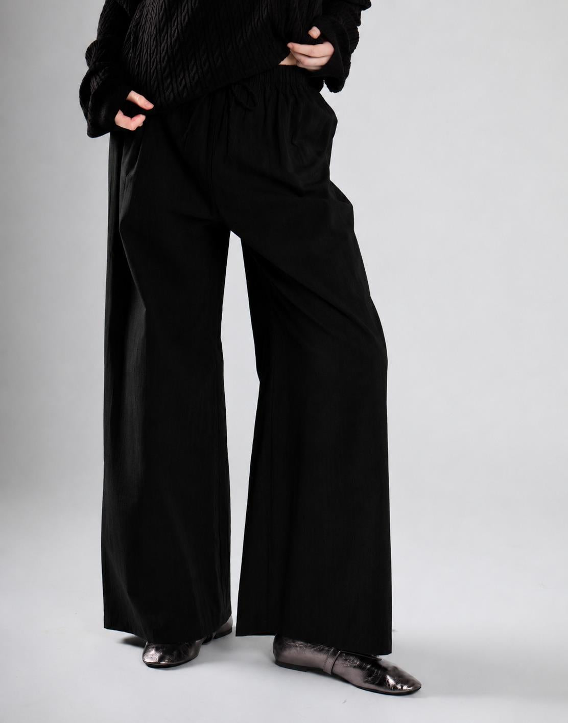 Black Tie Waist Wide Leg Trousers