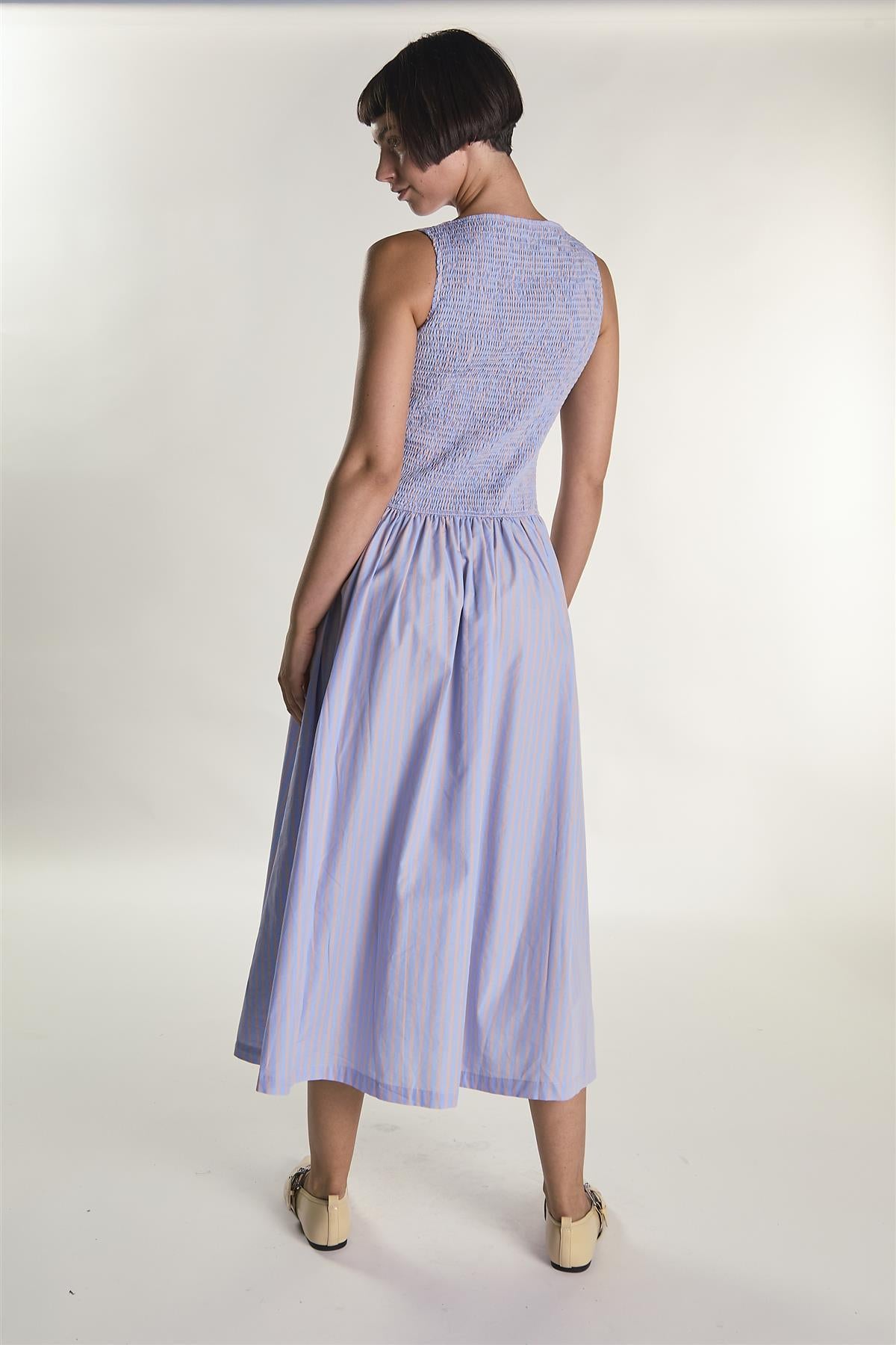 Blue Orange Stripe Slash Neck Shirring Midaxi Dress