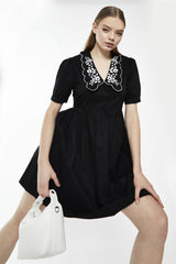 Black Floral-Statement-Collar Mini-Dress