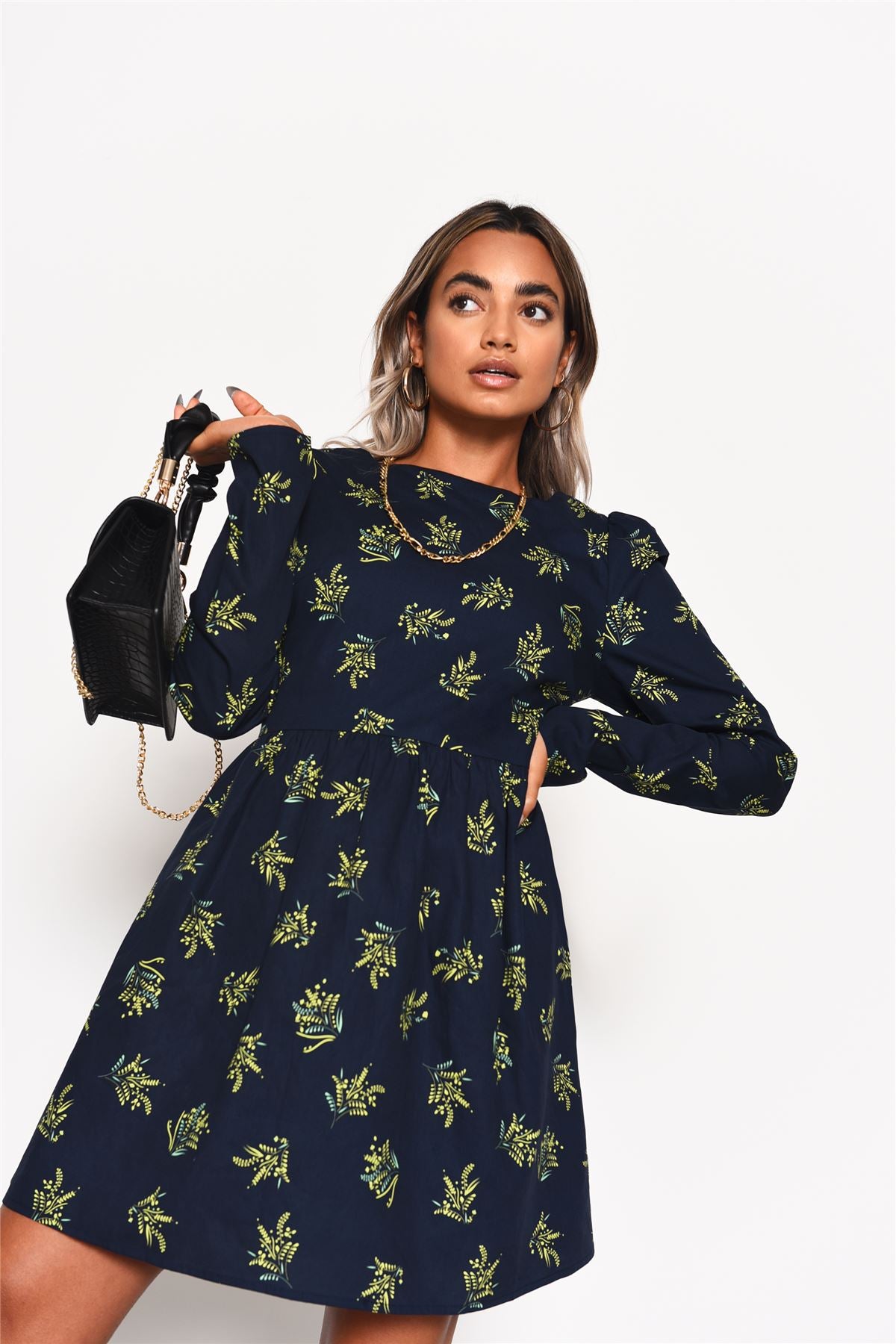 Navy-Bouquet Long Sleeve Mini-Dress