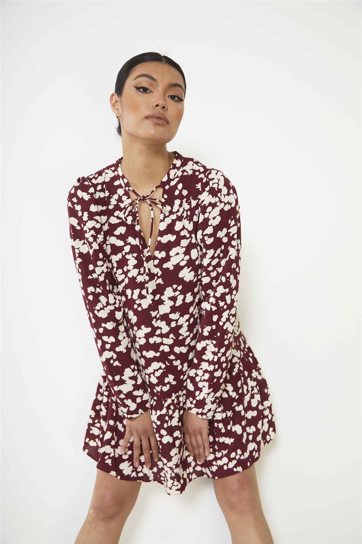 Burgundy Cream Abstract Mini Dress with Ruffle Hem and Long Sleeves