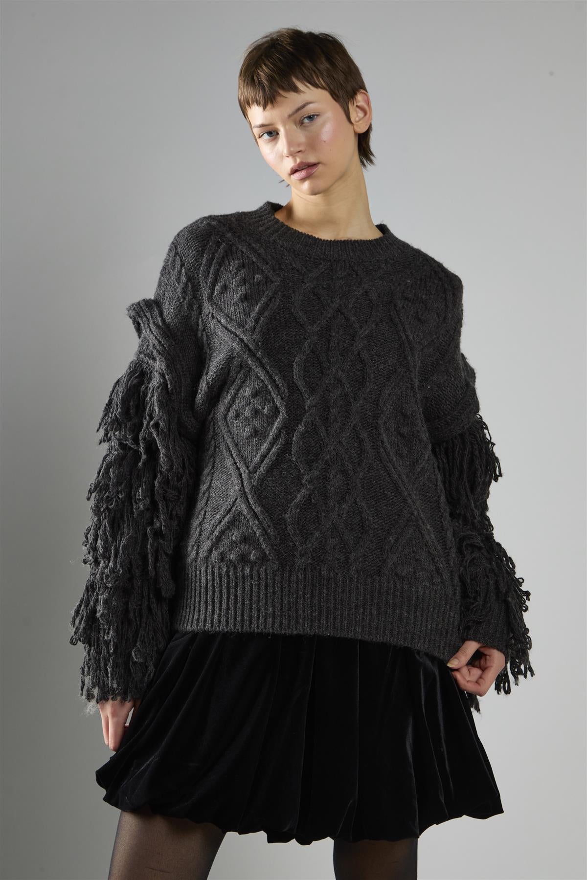 Charcoal Fringe Sleeve Cable Knit Jumper