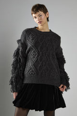 Charcoal Fringe Sleeve Cable Knit Jumper