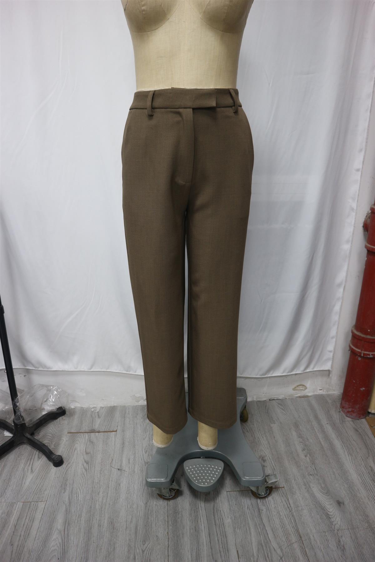 Khaki Brown Slim Fit Cropped Trousers