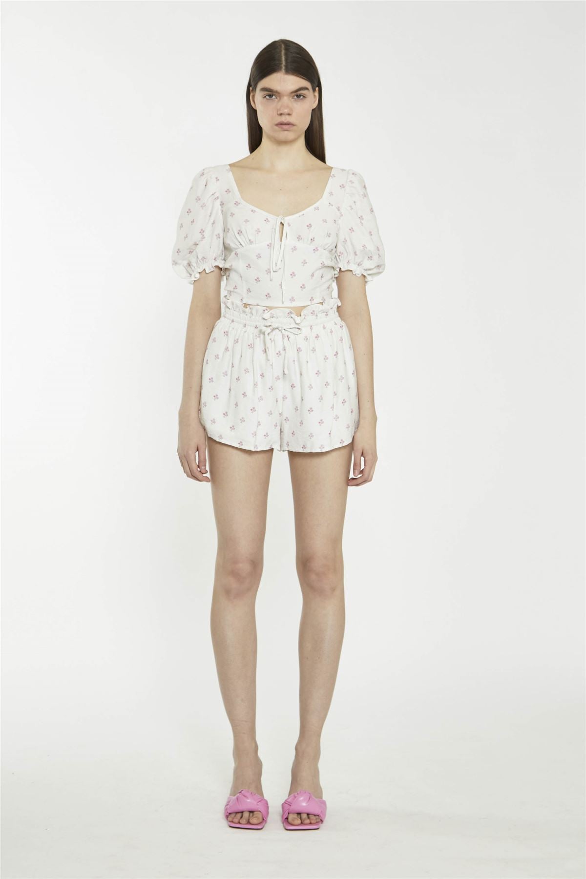 Cream Pink Stem Flower Crop-Top