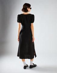V-Neck Puff Sleeve Midi Dress - Black
