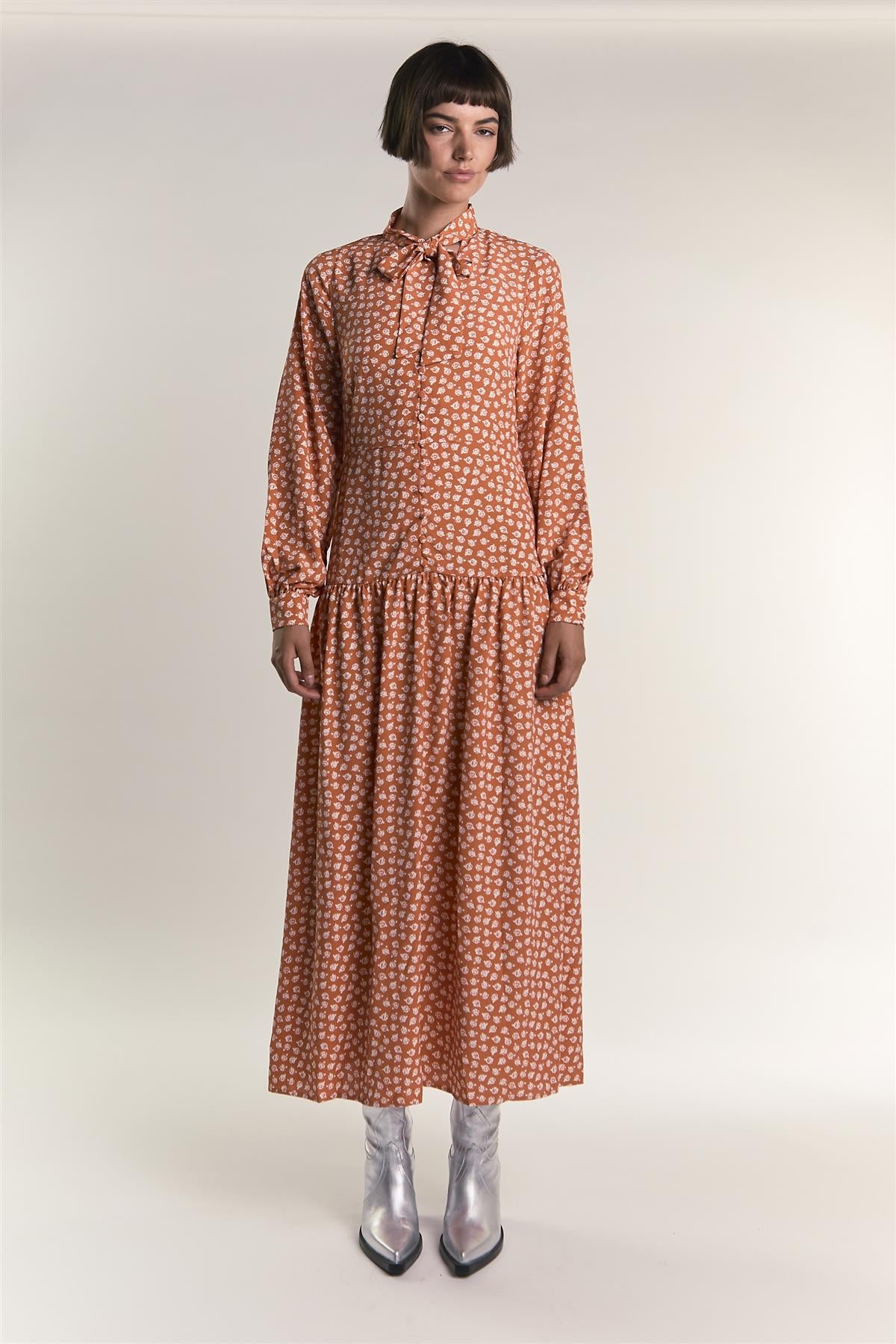 Rust Ditsy Tie Neck Long Sleeve Midaxi Dress