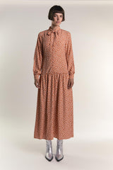 Rust Ditsy Tie Neck Long Sleeve Midaxi Dress