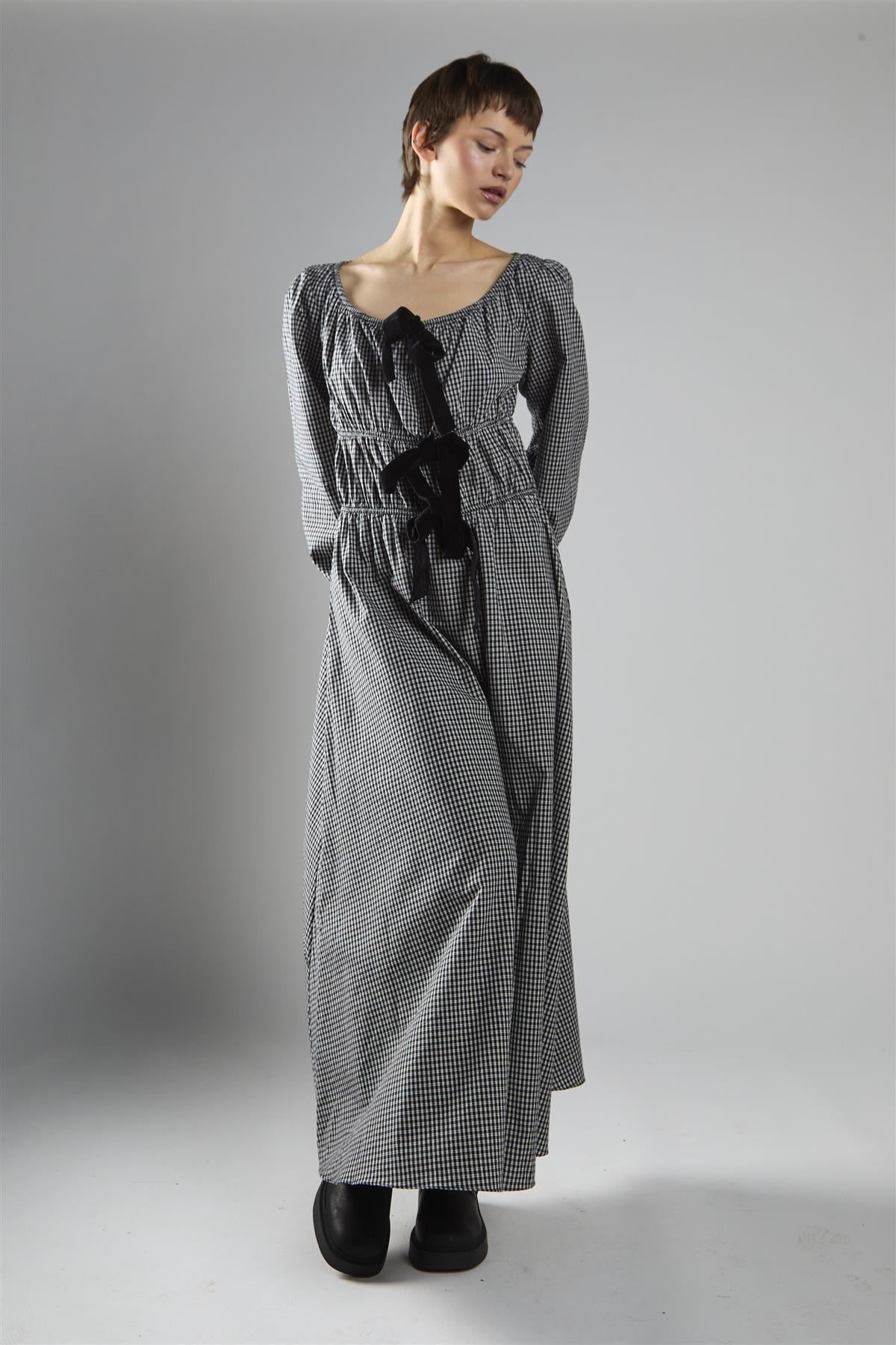 Black Check Velvet Bow Maxi Dress