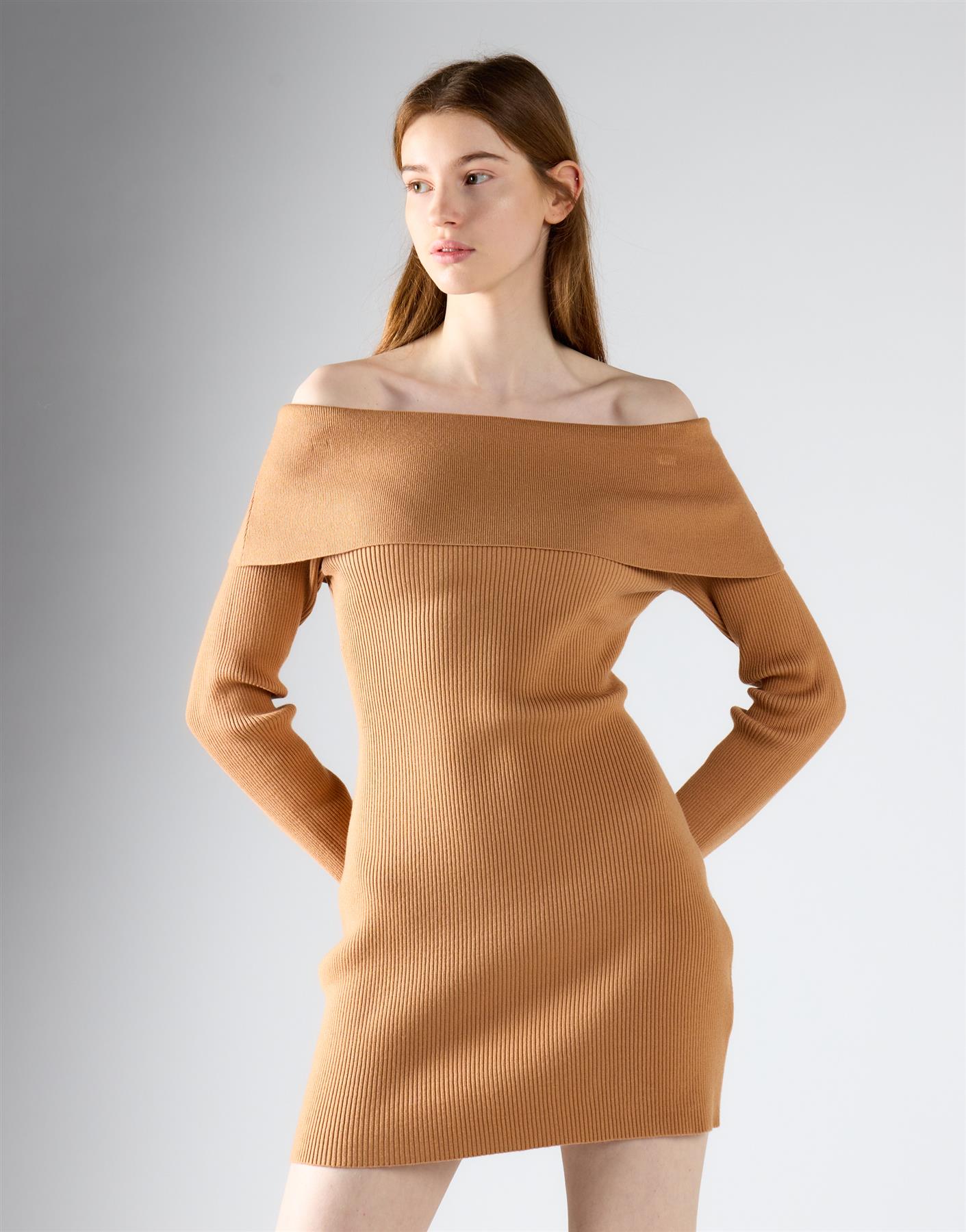 Tan Bardot Knitted Mini Dress
