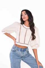 Ecru Puff Sleeve Blouse with Crochet Trim