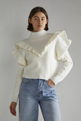 Cream High Neck Jumper with Ruffle Detail