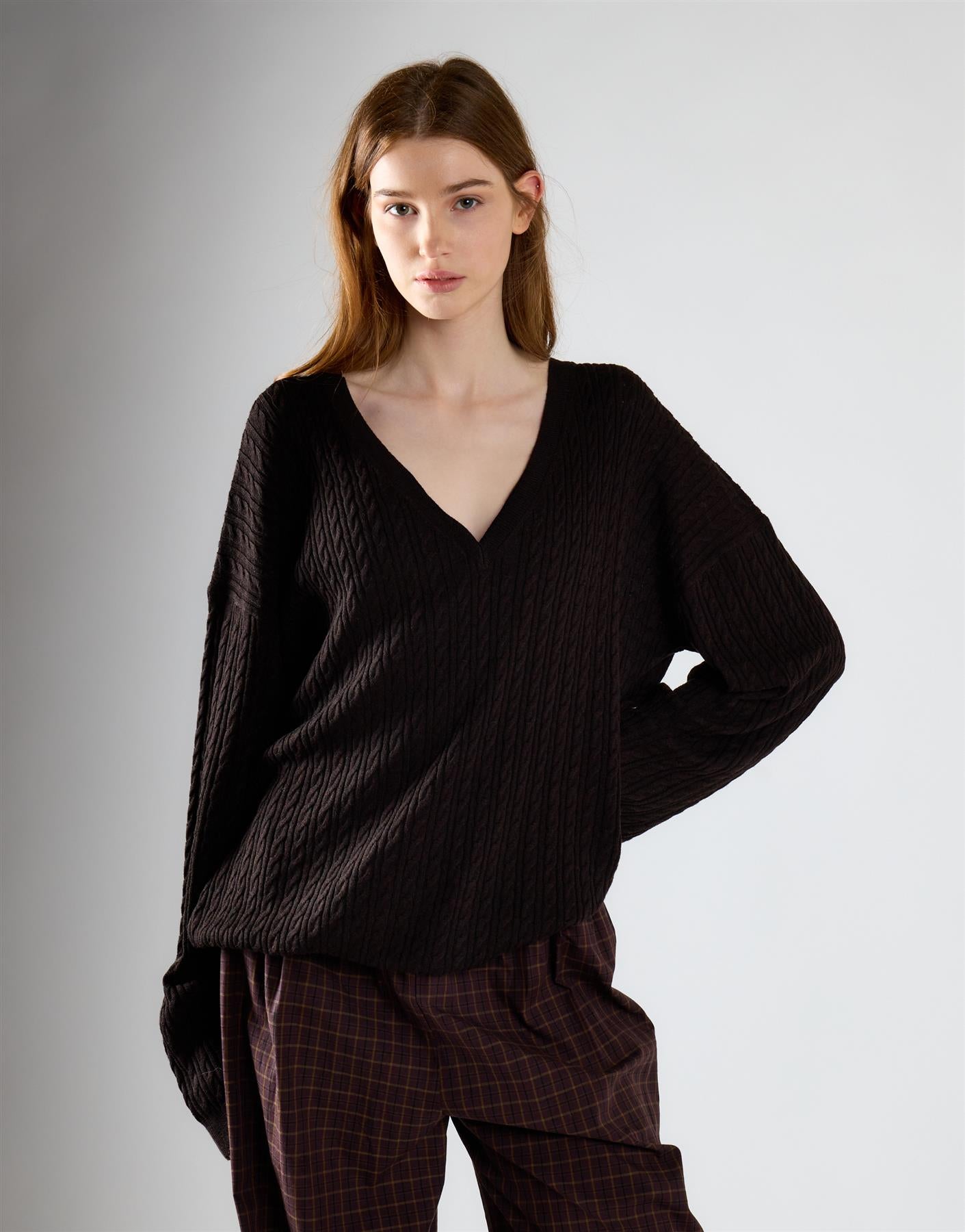 Deep Brown Lightweight Cable Sweater