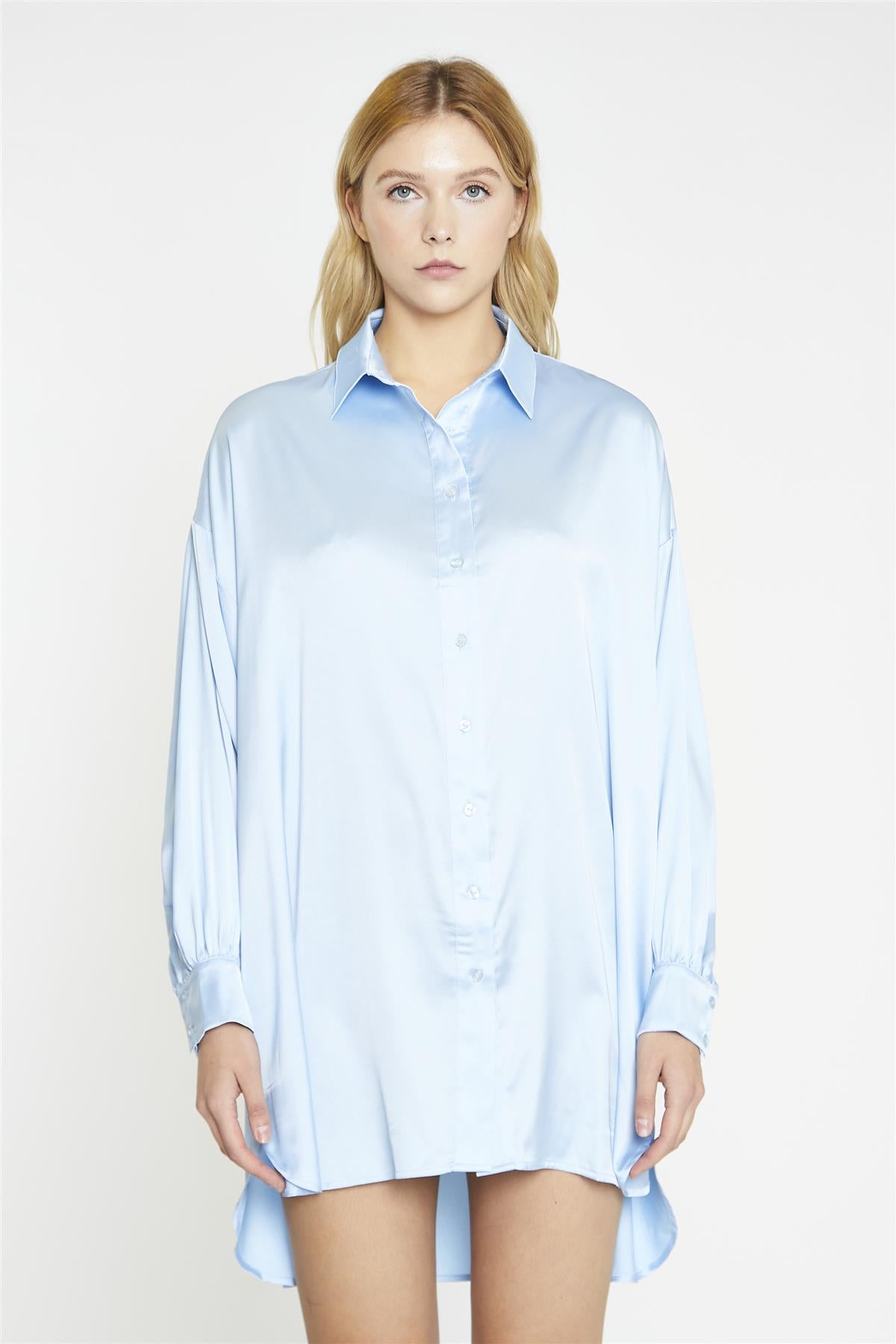 Pale-Blue Satin Shirt-Dress