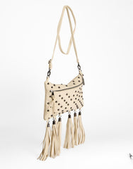 Cream Studded Tassel Crossbody Bag