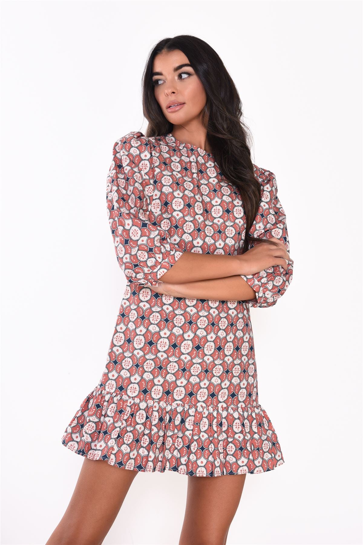 Rust Tile Mini Shift Dress with Peplum Hem