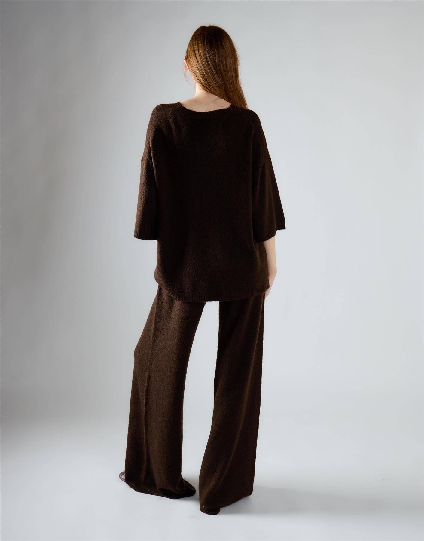 Khaki Brown Knitted Flare Trousers