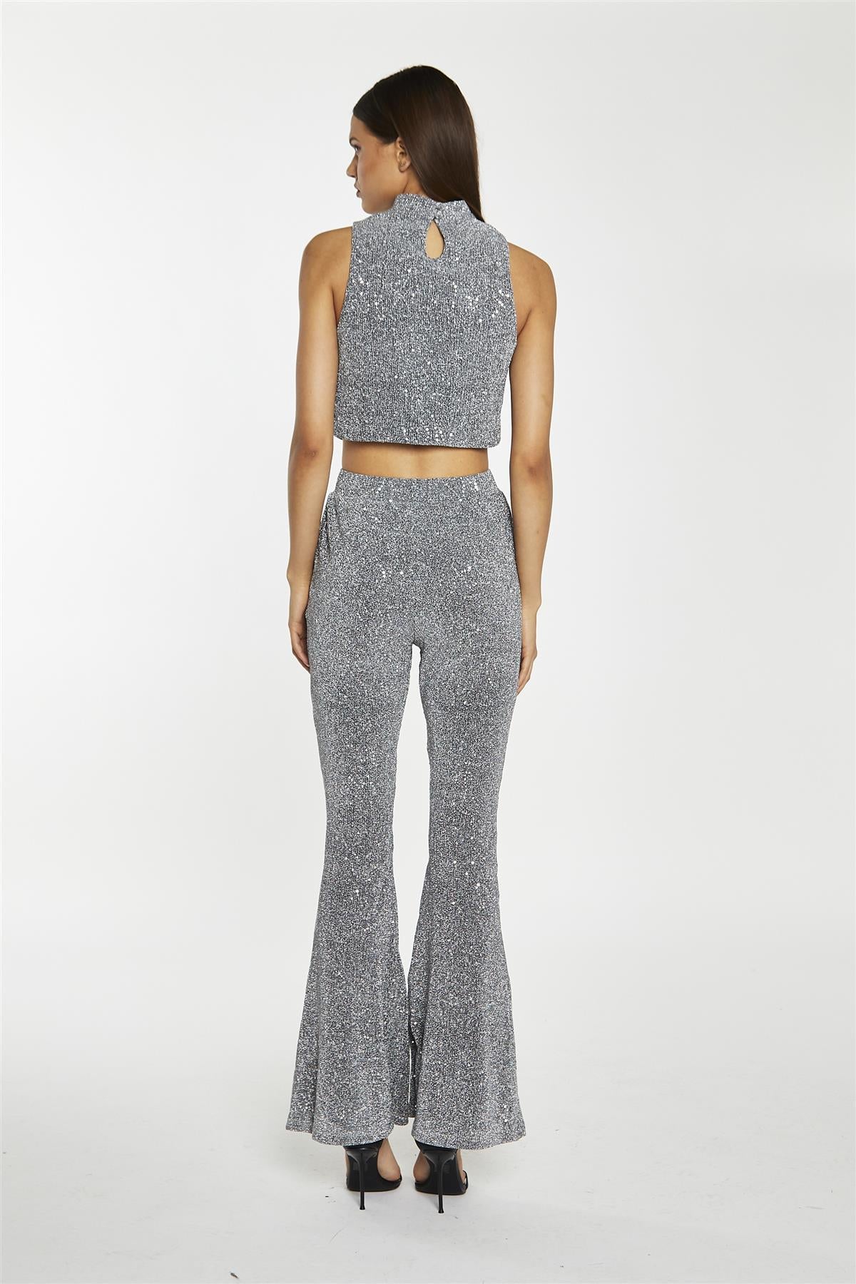 Silver-Sequin Plisse  Flared-Trousers