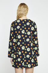 Black-Green-Flower Long-Sleeve Mini-dress