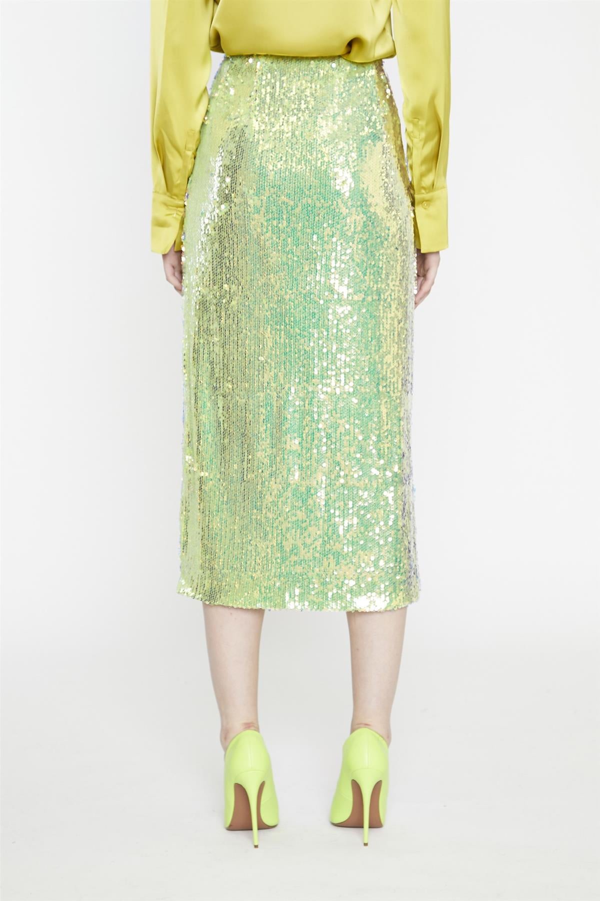 Iridescent-Lime-Sequin Side-Split Midi-Skirt