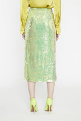 Iridescent-Lime-Sequin Side-Split Midi-Skirt