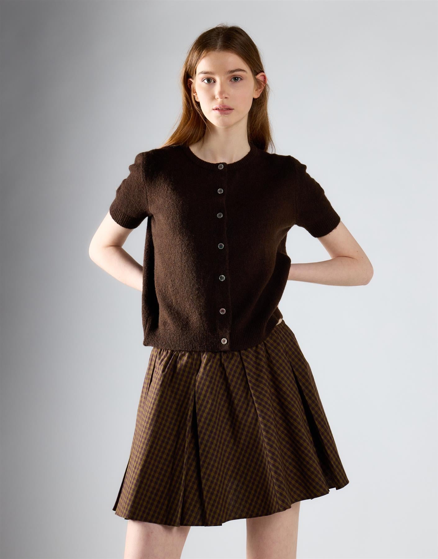 Khaki Brown Check Pleated Mini Skirt