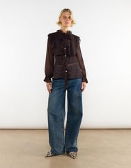 Button Front Ruffle  Blouse - Deep Brown