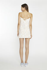 White Orange Ditsy Cowl Neck Mini-Dress