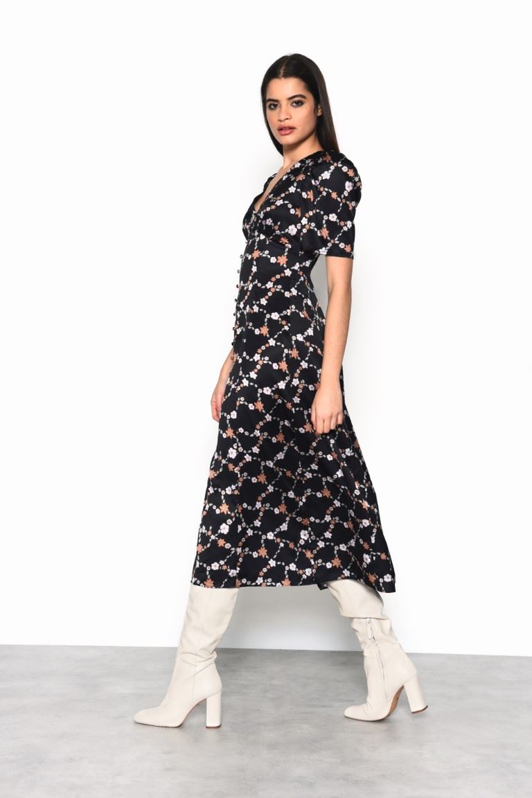 Chain Floral Button Down Midi Dress with Plunging Neckline, Gathered Bust Detail and Puff Sleeves