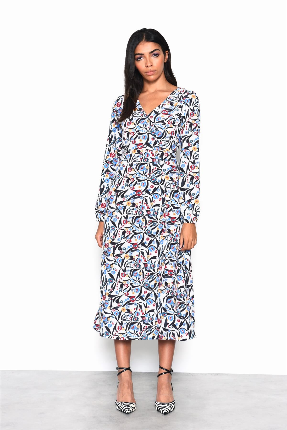 White Blue Multi Abstract V-Neck Midi Dress