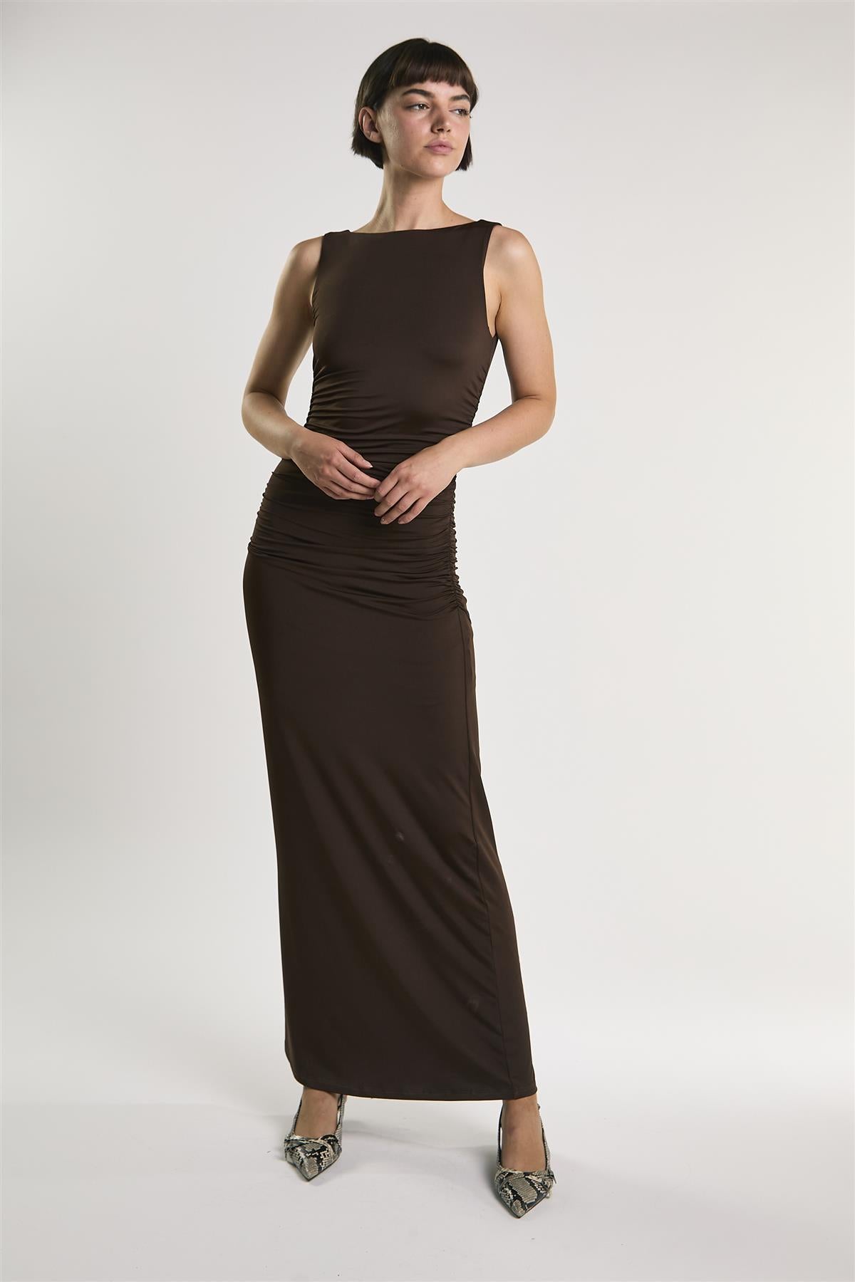 Bitter Chocolate Slash Neck Midaxi Dress