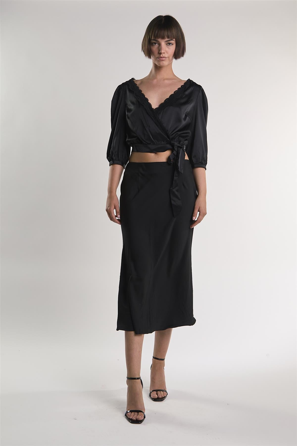 Black Satin-Crossover-Tie Crop-Top