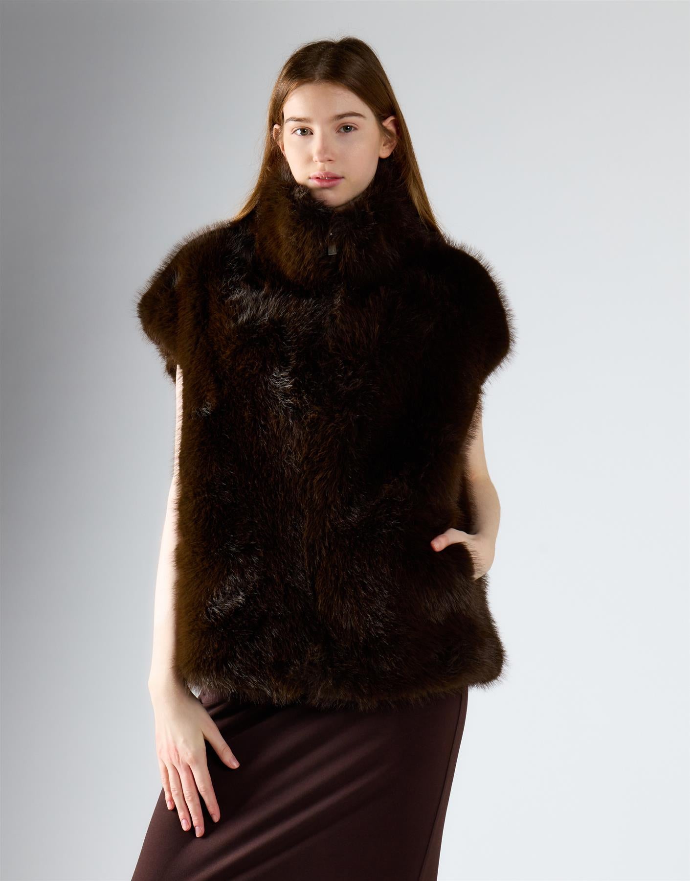 Deep Brown Plush High-Neck Gilet