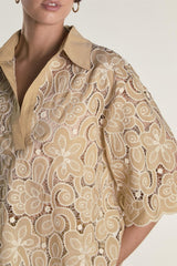 Sand Embroidered Flare Short Sleeve Shirt