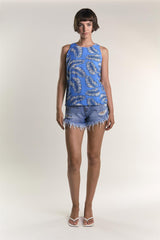 LADIES TOP-BLUE LEAF PRINT-2Xtra Small