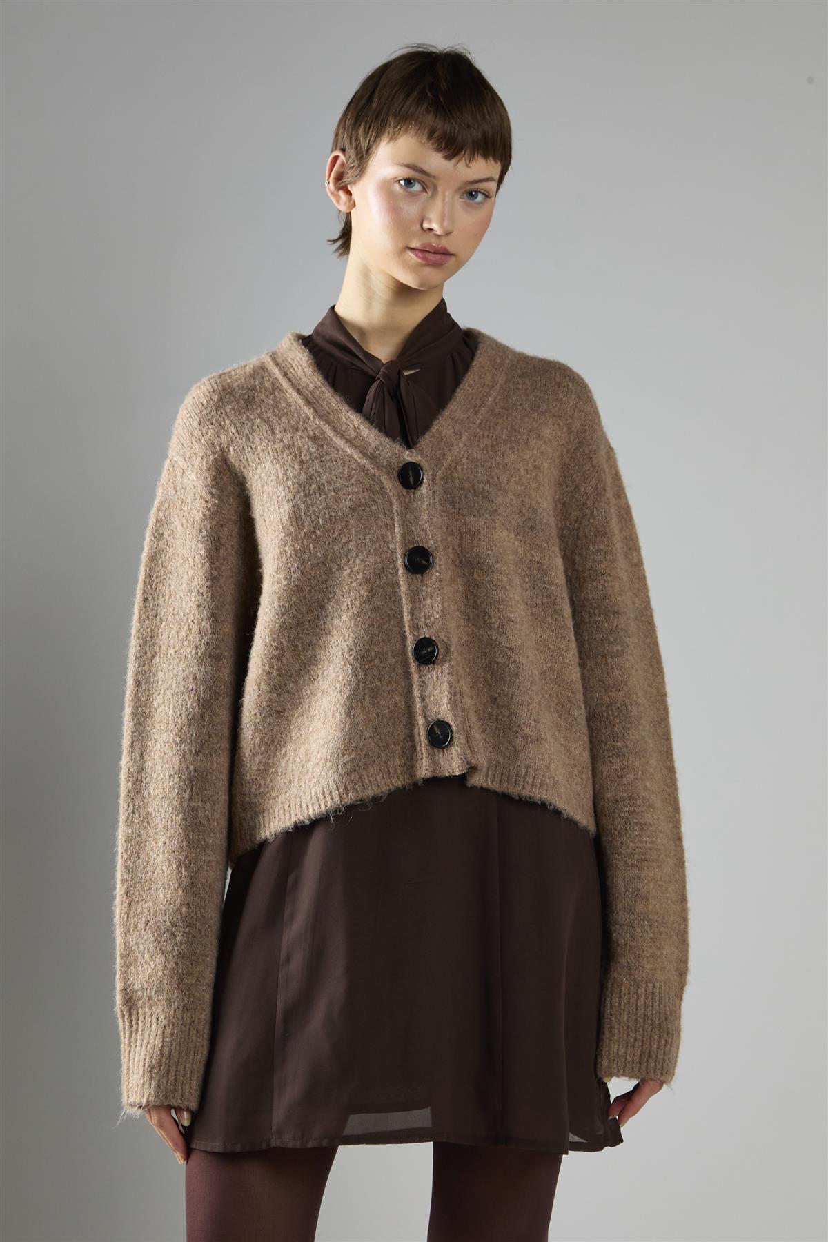 Brown Marl V-Neck Button-Front Long Sleeve Cardigan