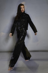 Black Sequin High-Neck Long Sleeve Blouse