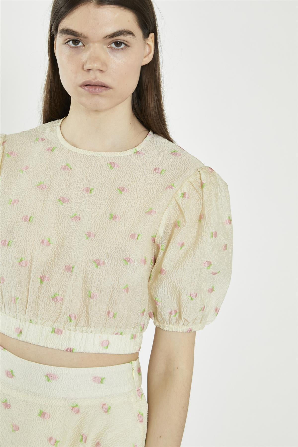 Yellow Pink Fruit Organza Puff Sleeve Crop Top