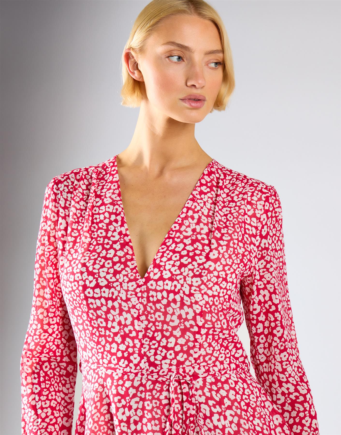Red Leopard Chiffon V-Neck Tie Waist Mini Dress
