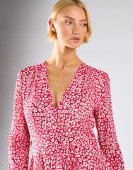 Red Leopard Chiffon V-Neck Tie Waist Mini Dress