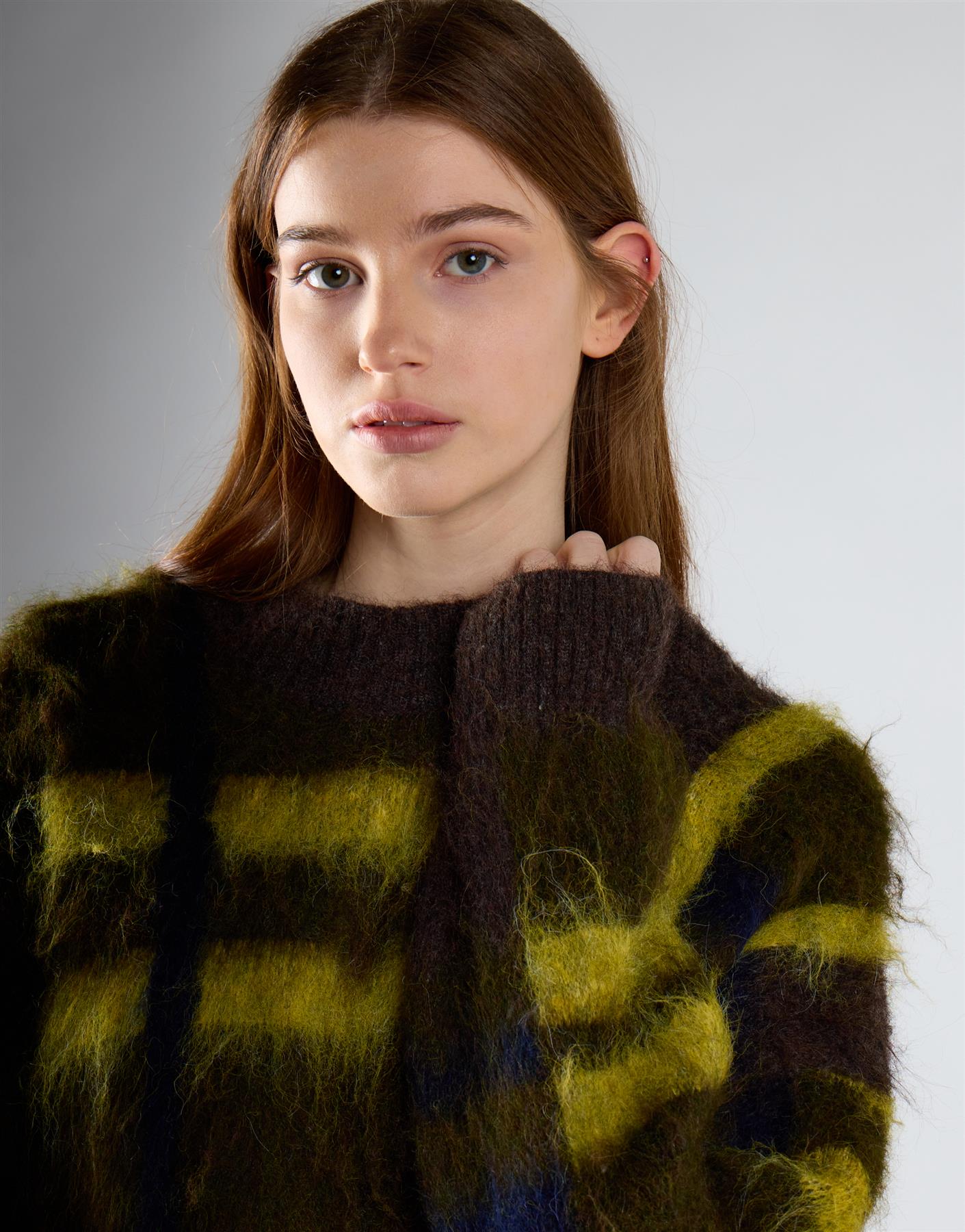 Khaki Check Round Neck Jumper