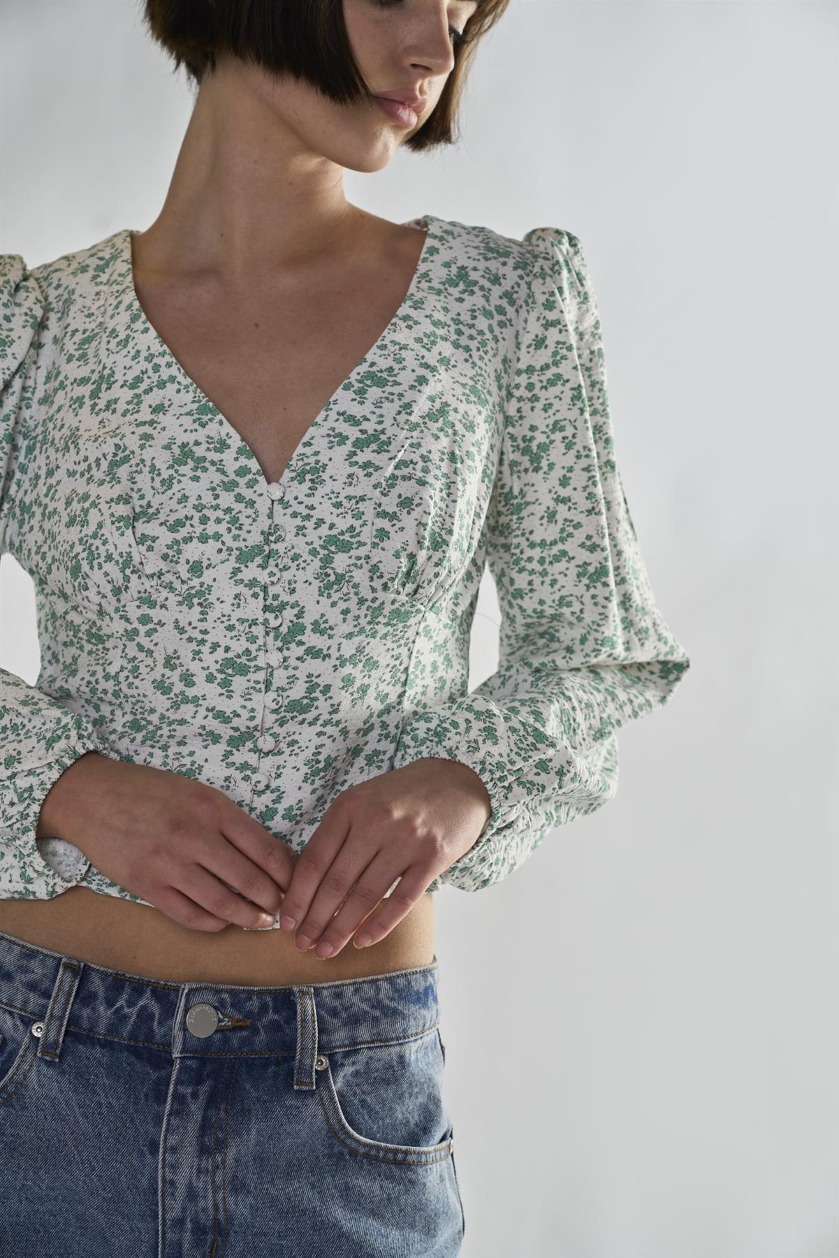 Green-Ditsy V-Neck-Blouse