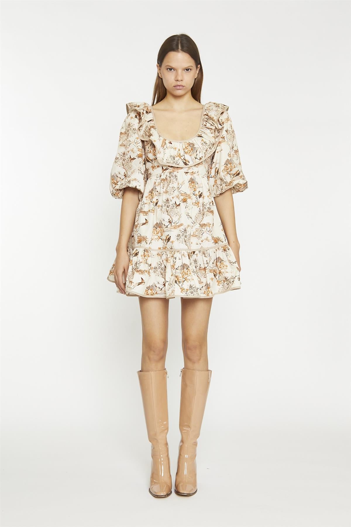 Tan-Multi-Blossom Ruffle-Neckline Mini-Dress