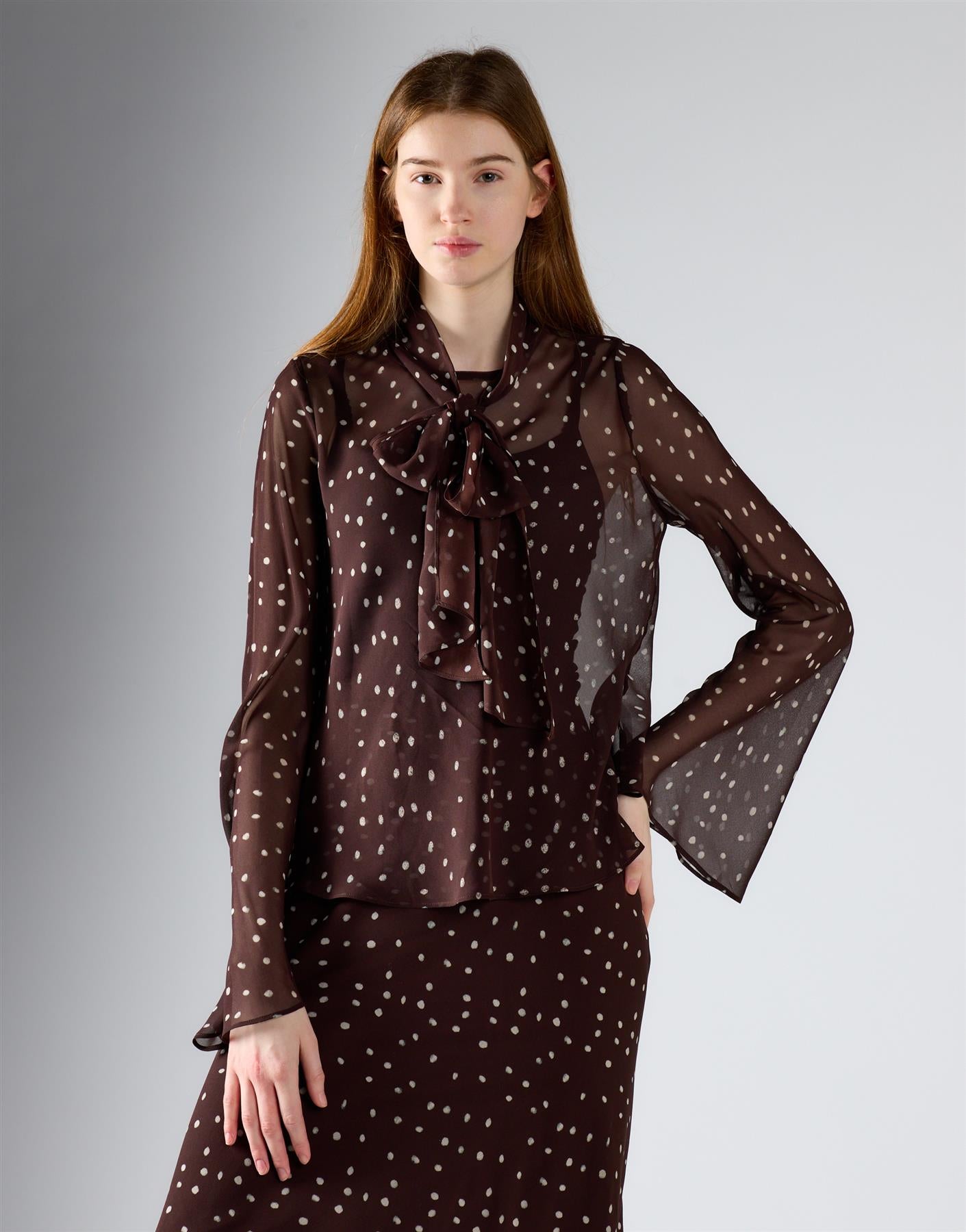 Brown Cream Spot Scarf Detail Top