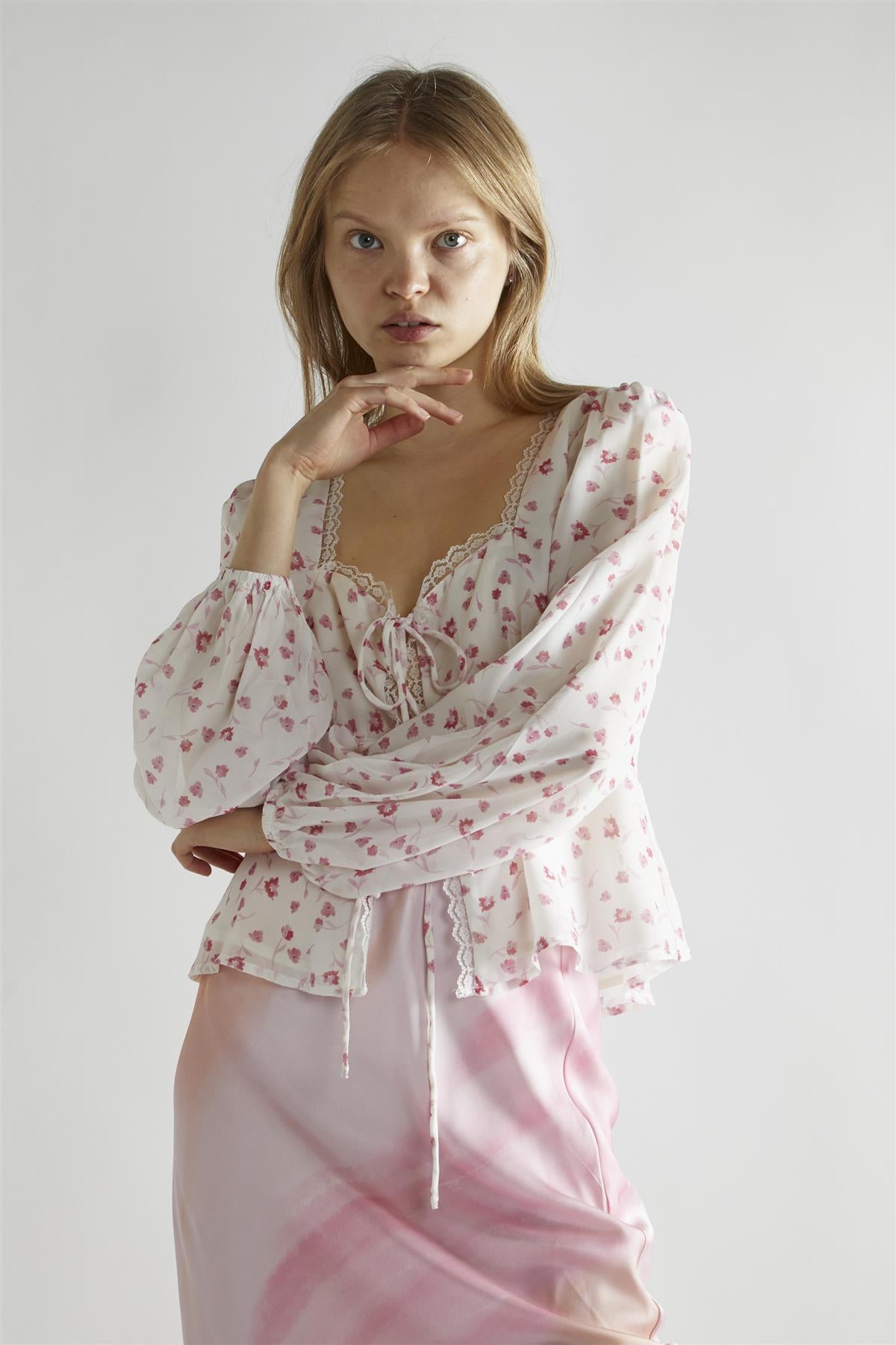 Pink Watercolour-Floral V-Neck Top