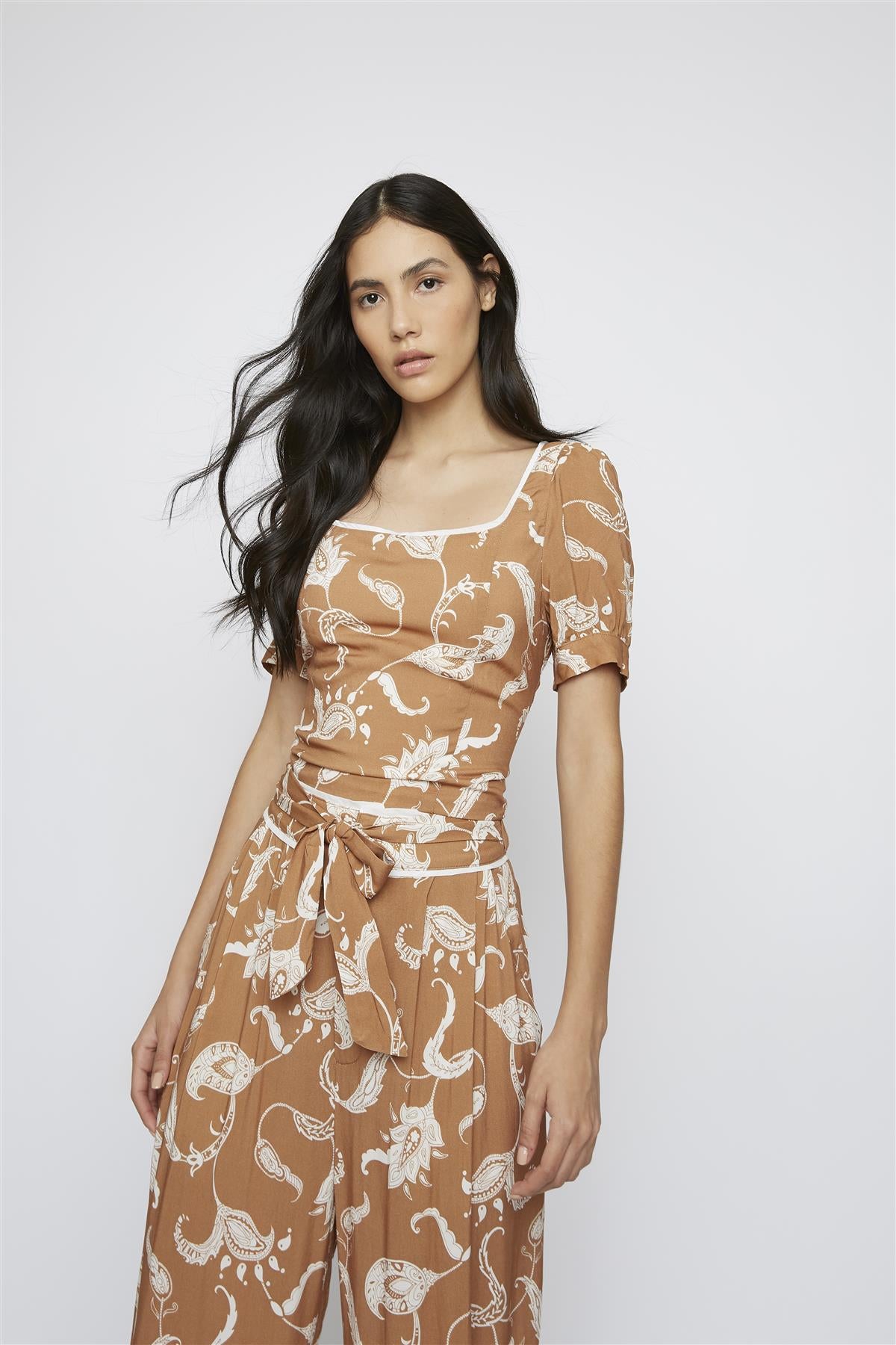 Brown-Paisley Tie-Back Crop-Top