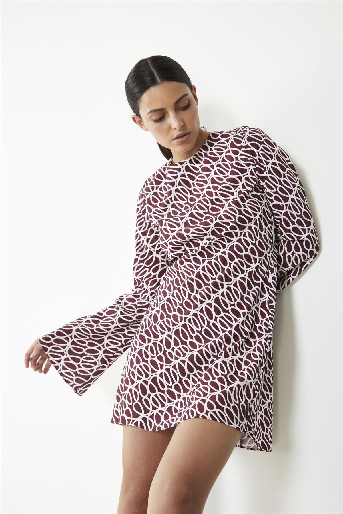 Burgundy Squiggle Print Short Dress