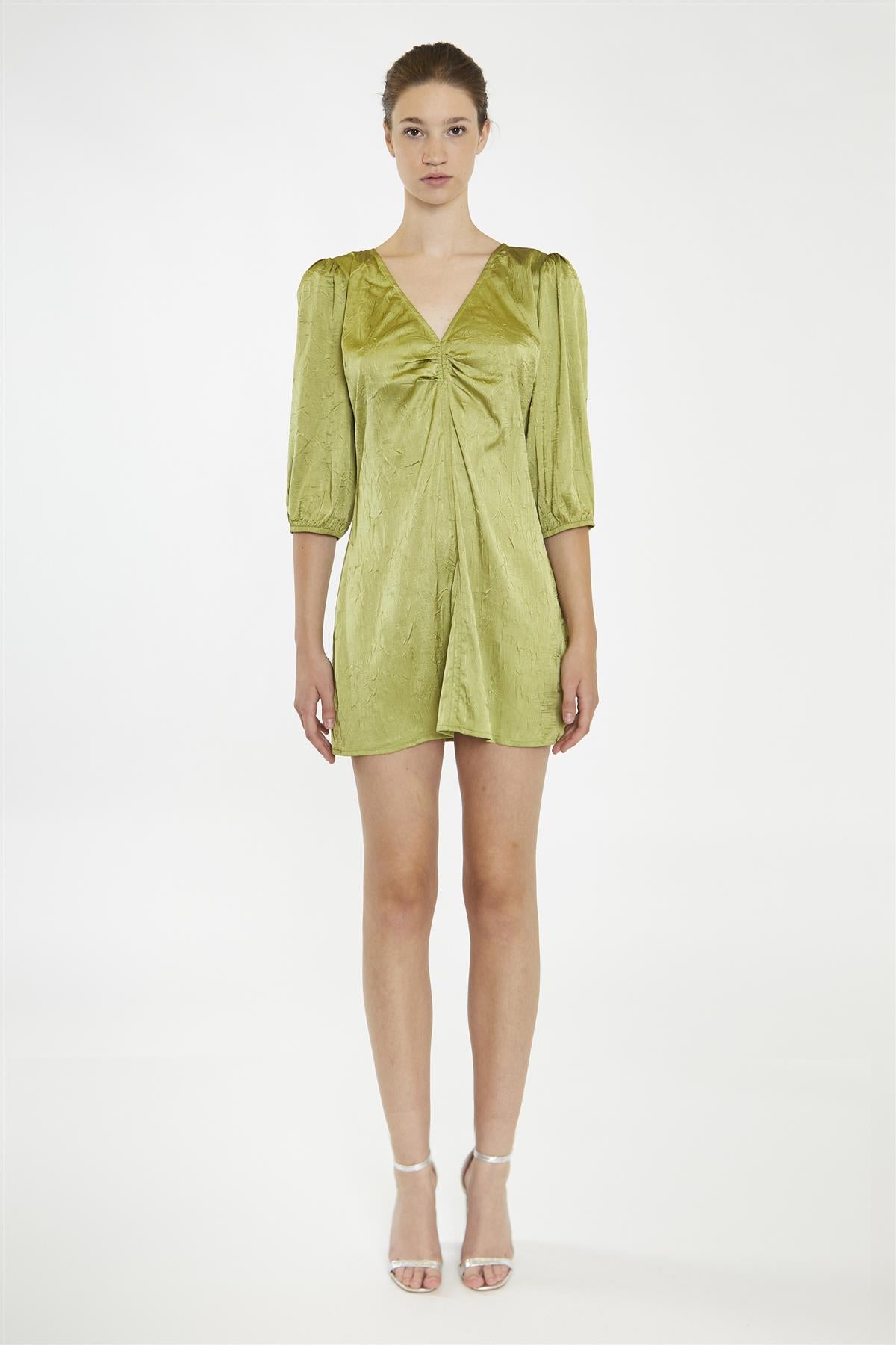 Light-Olive V-Neck-Ruched-Front Mini-Dress