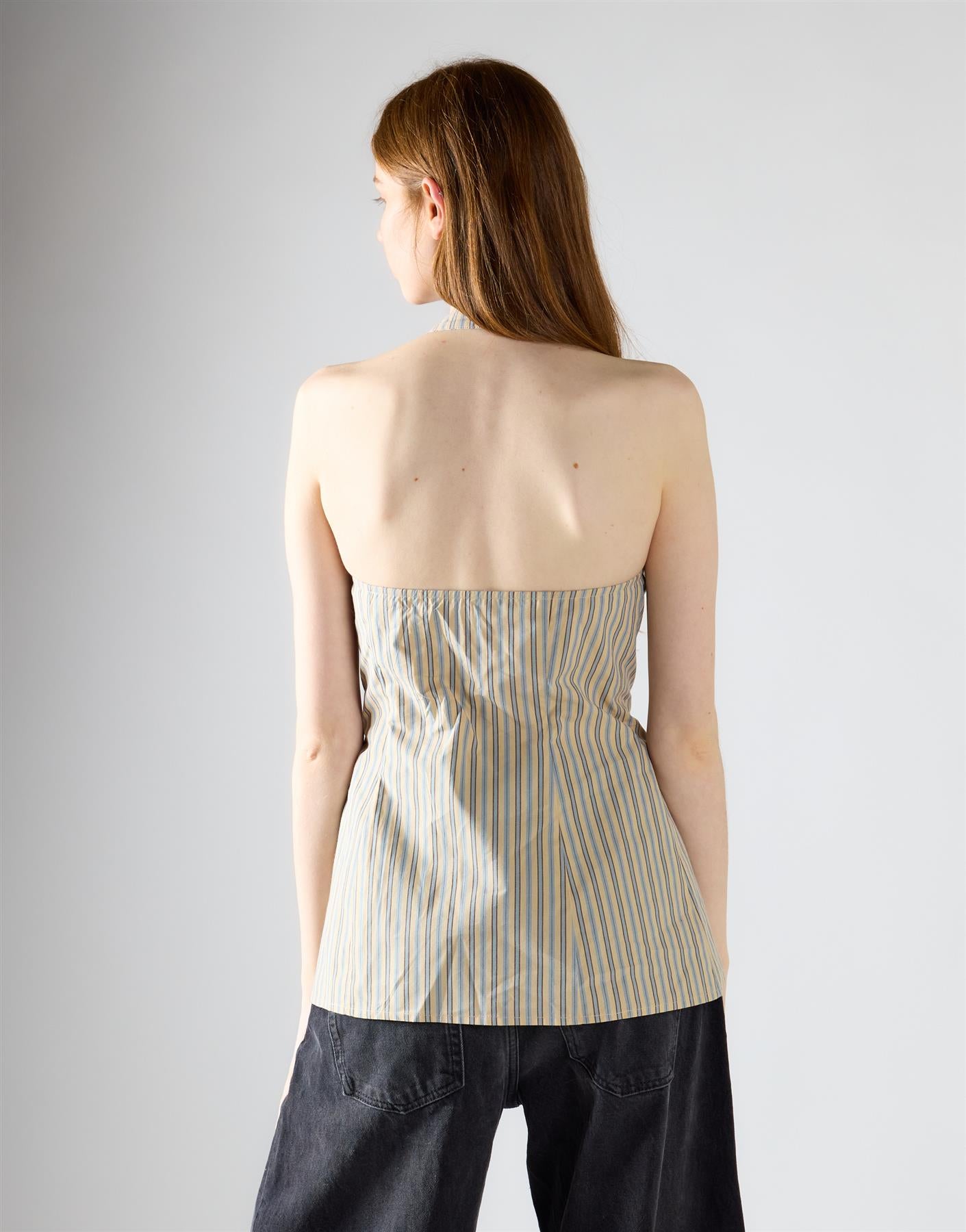 Stone Blue Stripe High Neck Bow Detail Top